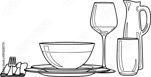 Simple line drawings of cutlery and table settings: forks, knives, spoons, plates, chopsticks
