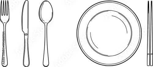 Simple line drawings of cutlery and table settings: forks, knives, spoons, plates, chopsticks
