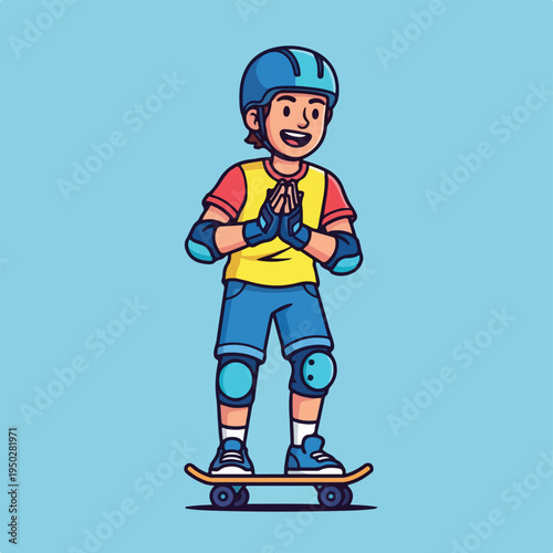 Happy child wearing safety gear on skateboard