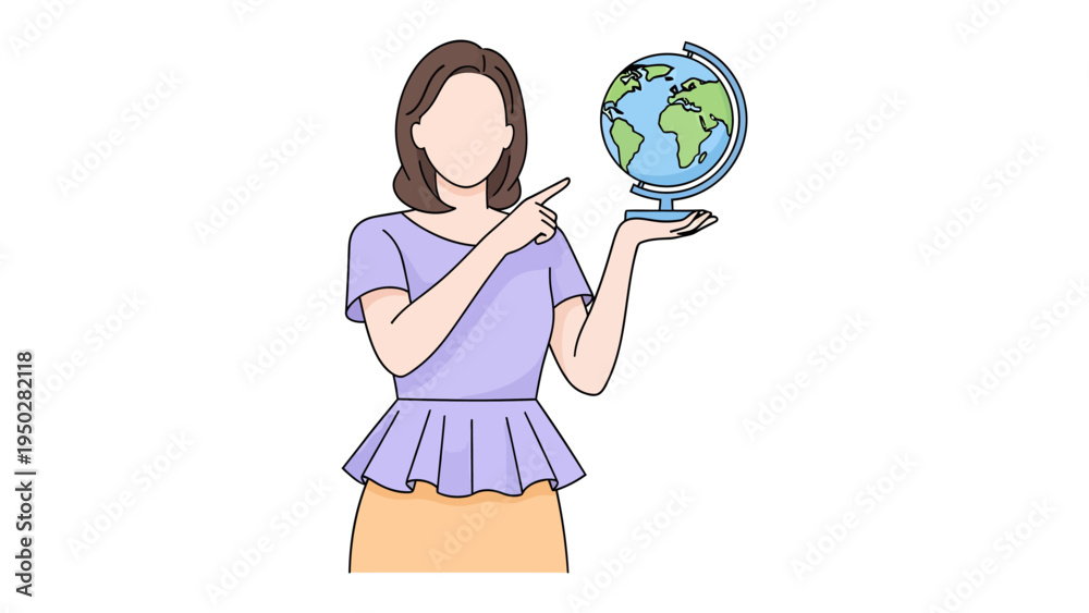 Fototapeta premium Globetrotter's Guidance: A woman holding a globe, pointing at it, symbolizing travel, education, and exploration. perfect for content related to travel, geography, or international relations.
