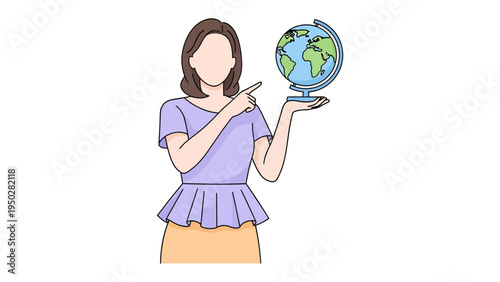 Globetrotter's Guidance: A woman holding a globe, pointing at it, symbolizing travel, education, and exploration. perfect for content related to travel, geography, or international relations.