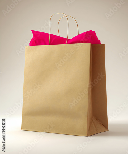 Kraft paper brown shopping bag mockup with hot pink tissue paper inside on a neutral background.