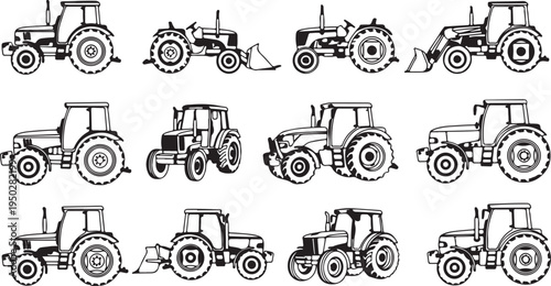 Silhouette of a farmer wearing a hat driving a vintage tractor on a white background