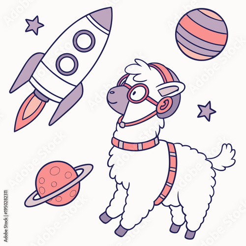 Whimsical Alpaca feeling Funny in a Space explorer setting with wearing glasses – colored in Cosmic Pastels