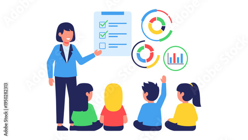 Education Guidance: A teacher engages with attentive students, pointing to a checklist and colorful charts, illustrating learning and progress. 