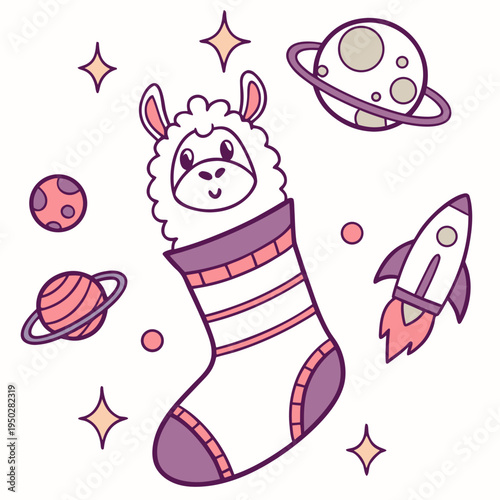 A Bashful Alpaca with snuggled in a sock in a Space explorer theme – Cosmic Pastels palette SVG illustration