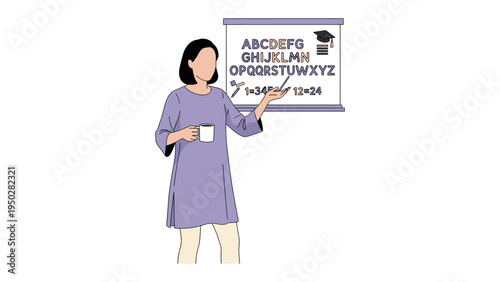 Teacher Explaining Alphabet and Calculation: A teacher standing next to a whiteboard, illustrating lessons on alphabet and mathematical equation. Capturing a moment of instruction and guidance.