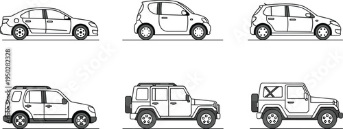Car Side View Line Icon Set Featuring Sedan, Hatchback, SUV, and Off Road Vehicle Outline Illustrations for Automotive, Transportation, and Travel Vector Design