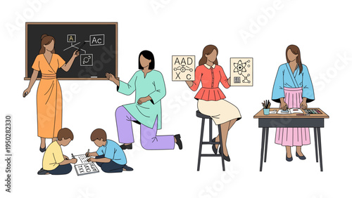 Educator's Guidance: Diverse educators engage in various teaching methods, nurturing young minds through engaging activities and focused instruction.