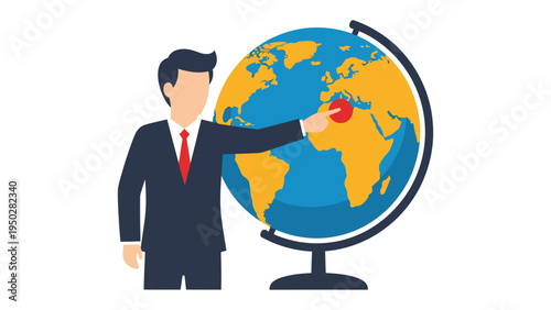 Globetrotter's Guidance: A composed figure, smartly dressed, points definitively at a globe.  It's an image of a professional at work, possibly related to business, education, or exploration.
