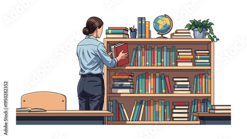 Library Harmony: A librarian carefully organizes books on a bookshelf, with rows of vibrant tomes and educational globes. This scene evokes a sense of knowledge.