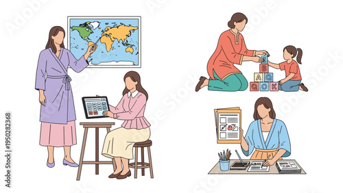 Moments of Motherhood: A mosaic of motherhood unveils the diverse roles of a woman, seamlessly blending education, work, and playful interaction with a child.