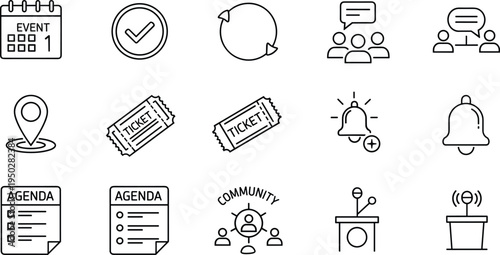 Event and Community Management Icon Set Featuring Tickets, RSVP, Agenda, and Notifications for Planning and Coordination