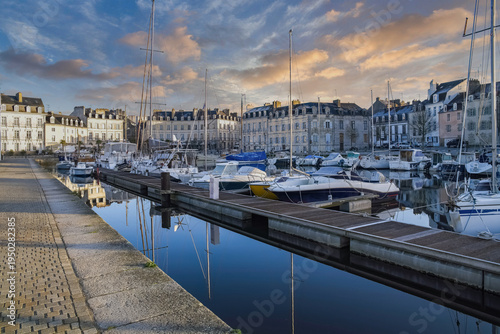 Vannes, medieval city in Brittany, boats in the harbor, with typical houses 
