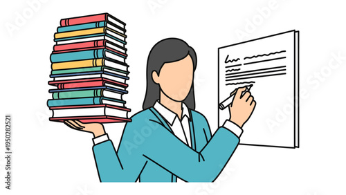 Knowledge Weaver: An illustrated educator, holding a stack of books, meticulously crafts a document, symbolizing learning, expertise, and scholarly diligence.