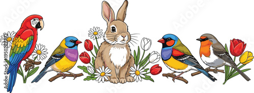 Cute Rabbit with Colorful Birds and Spring Flowers Illustration Featuring Parrot, Songbirds, and Bunny Surrounded by Tulips and Daisies Nature Vector Design