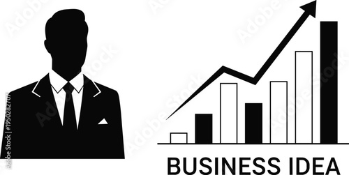 Businessman Silhouette Next to Upward Bar Graph and Text Business Idea suit