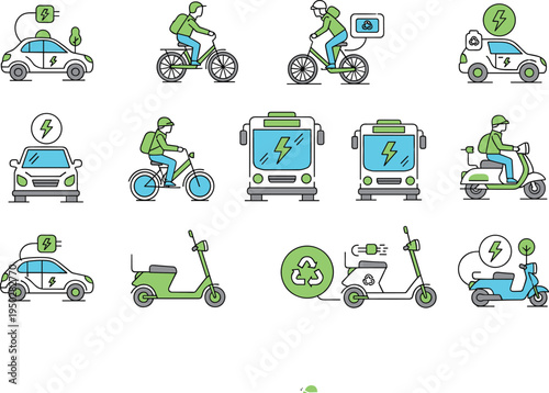 Electric Vehicle and Sustainable Transportation Icon Set Featuring EV Cars, Bikes, Scooters, Battery Charging, and Eco Friendly Mobility Vector Illustrations