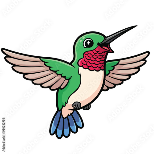 Green hummingbird in flight with red gorget and white belly