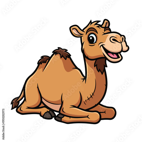Cartoon camel sitting on ground with happy expression