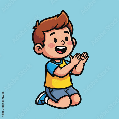 Cartoon boy kneeling and clapping hands with joyful expression on face