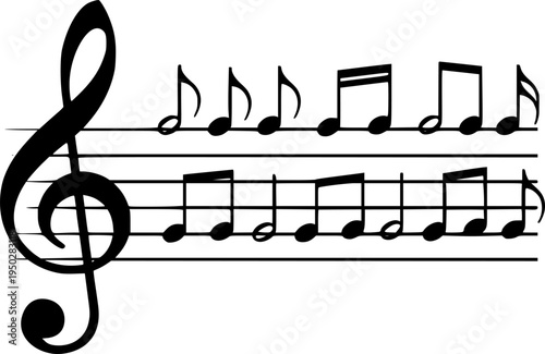 Musical notes and treble clef on white background
