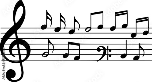 Musical notes and treble clef on white background
