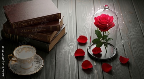 Still life with rose and books.