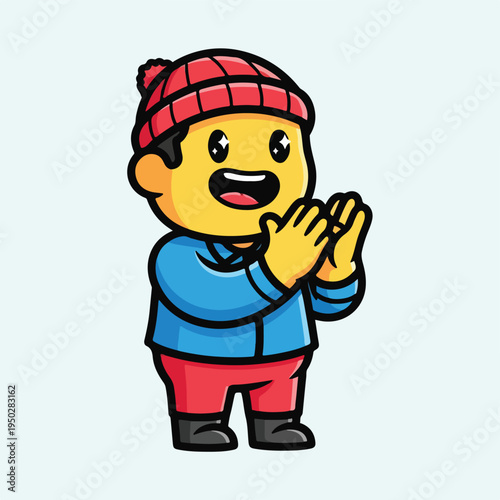 Cartoon boy wearing red hat and blue jacket clapping hands happily