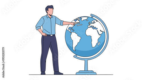 Global Insights: A person stands beside a globe, pointing at a specific location, illustrating the concepts of geography, travel, and global awareness. 