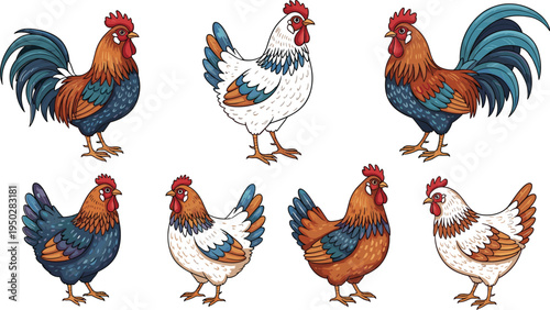 Rooster and Chicken Farm Poultry Illustration Set Featuring Colorful Domestic Hens and Cocks in Hand Drawn Vector Style for Agriculture and Farming Designs