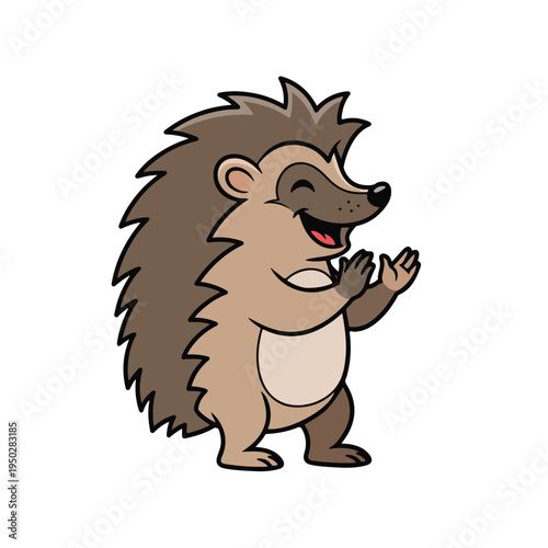 Cartoon hedgehog standing on hind legs with hands up in friendly gesture