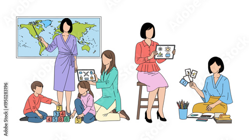 Teachers and Students in Education: A vibrant illustration shows the dynamic relationship between educators and young students in a classroom environment, emphasizing learning and knowledge.