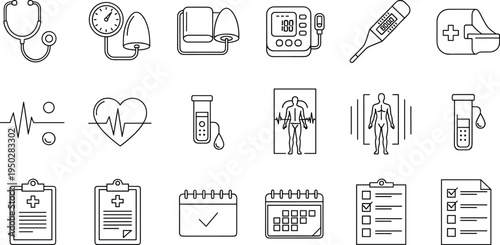 Medical Diagnostic and Health Checkup Icon Set Featuring Blood Pressure Monitor Stethoscope Laboratory Testing Heart Rate and Clinical Graphics
