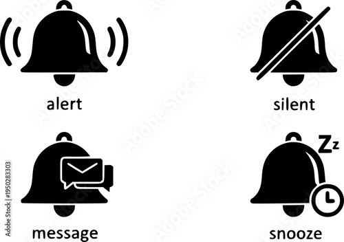 Notification bell icon set: alert, silent, message, and snooze variations
