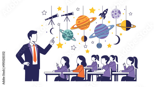 Cosmic Classroom: A teacher captivates students with the wonders of the universe, illustrating planets, stars, and celestial bodies in an engaging lesson on space and science.