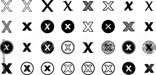 Diverse x icon set: thin, circular, bold, framed, scribble, lined styles
