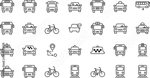 Transportation Line Icon Set Featuring Taxi, Bus, Bicycle, Train, Car, and Navigation Symbols for Urban Mobility, Public Transport, and Travel Vector Design