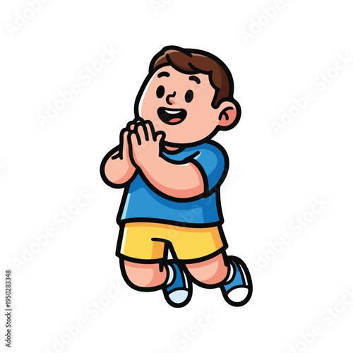 Young boy in blue shirt and yellow shorts kneeling with hands together
