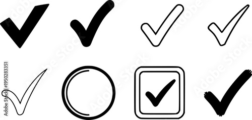 Set of six black check mark icons for confirmation and approval
