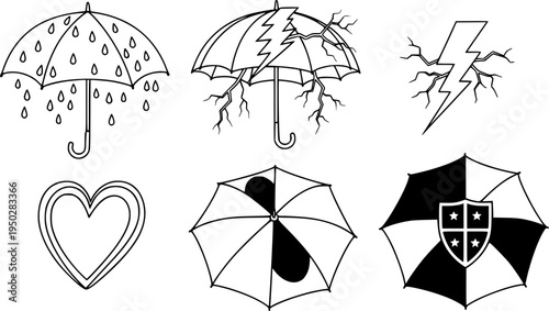 Set of umbrella icons: raindrops, thunder, heart, and shield elements
