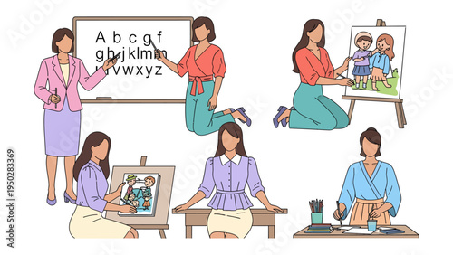 Educational Moments: A diverse collection of educators and artistic activities capturing the essence of learning, each frame portraying knowledge and creative exploration. 