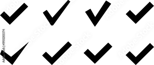 Set of six black check mark icons for confirmation and approval
