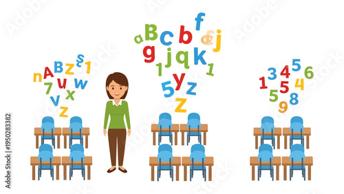 Educational environment: A dedicated teacher guides students through an engaging educational setting. Vivid alphabets and numbers dance above each student's head, inspiring learning
