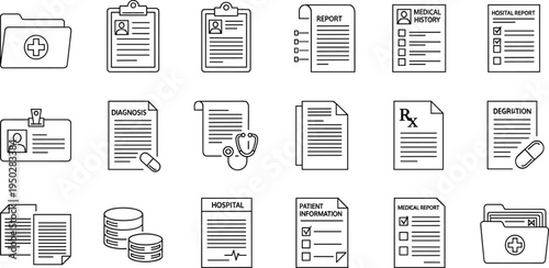 Medical Documents and Healthcare Records Line Icon Set Featuring Prescription Files Hospital Reports Patient Information Forms and Clinic Paperwork