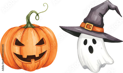 Vector Illustration Halloween Pumpkin and Ghost with Witch Hat Illustration