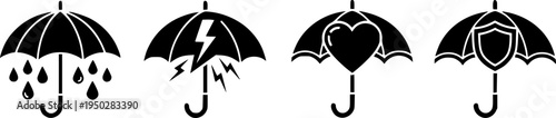 Set of umbrella icons: raindrops, thunder, heart, and shield elements
