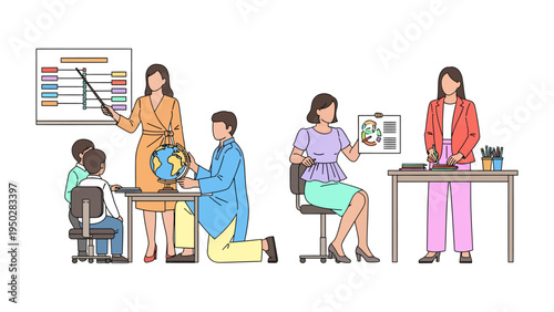 Engaging Classroom Scene: Teachers and pupils actively engaged in diverse learning activities, showcasing a dynamic and inclusive educational setting.