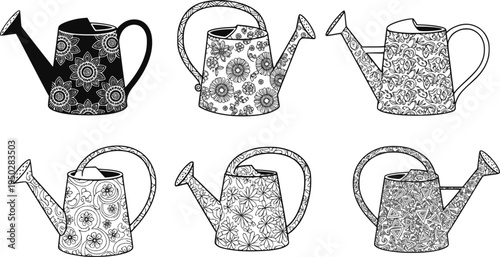 Collection of six black and white watering can illustrations with unique designs
