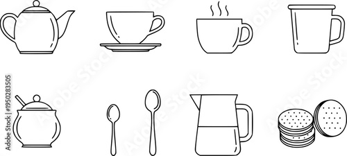 Minimalist tea and coffee icons: teapot, cup, sugar bowl, milk jug, spoons, biscuits
